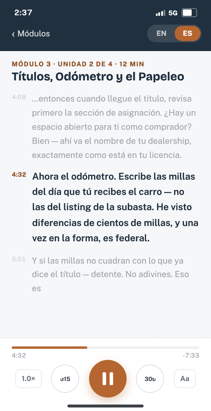 Captura de la app — vista de unidad, modo Escucha